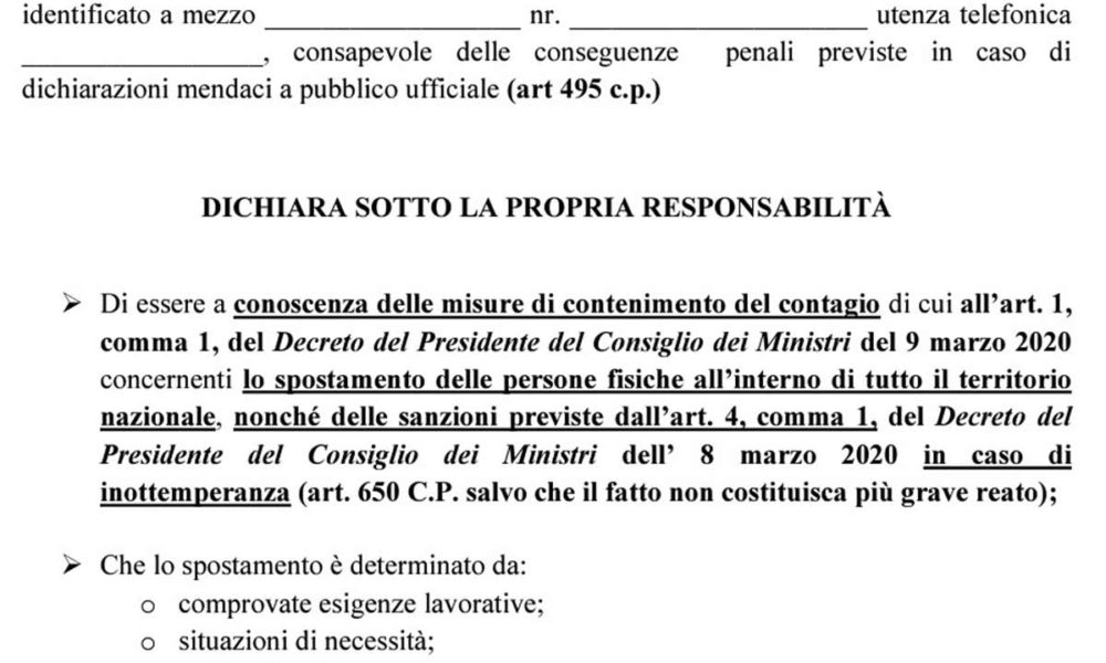 Modulo autocertificazione spostamenti Coronavirus