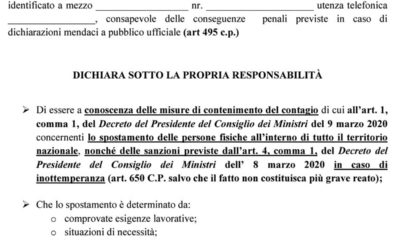 Modulo autocertificazione spostamenti Coronavirus