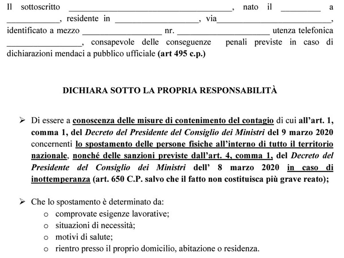 Modulo autocertificazione spostamenti Coronavirus